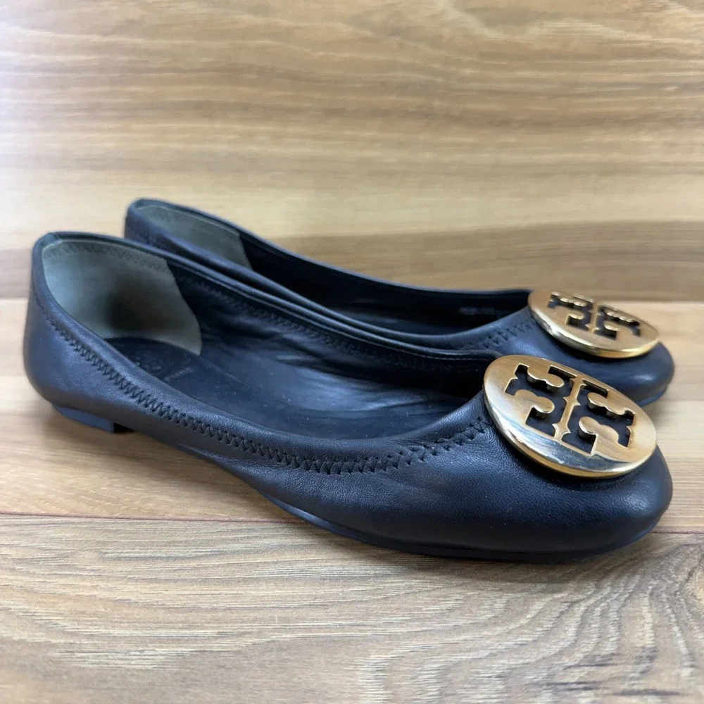 Tory Burch Reva Flats Black Soft 6.5 M Soft Leather Gold Logo Modern Office Walk